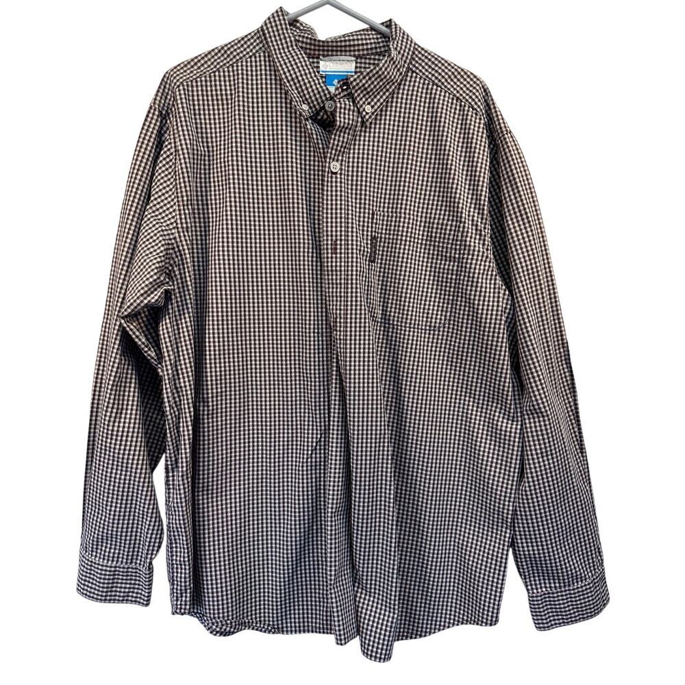 Columbia Mens LS Button‎ Up Brown Checked Plaid 100% Cotton Crisp Business Cas.